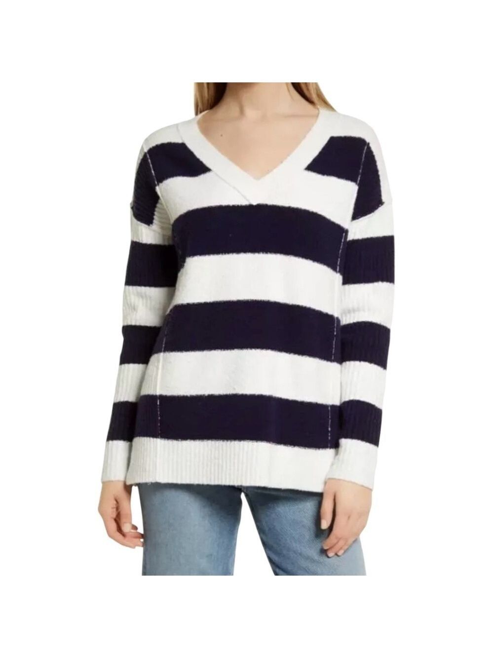 CASLON Cotton Blend Navy / Cream Stripe Vee Neck Pullover Sweater US Sz M